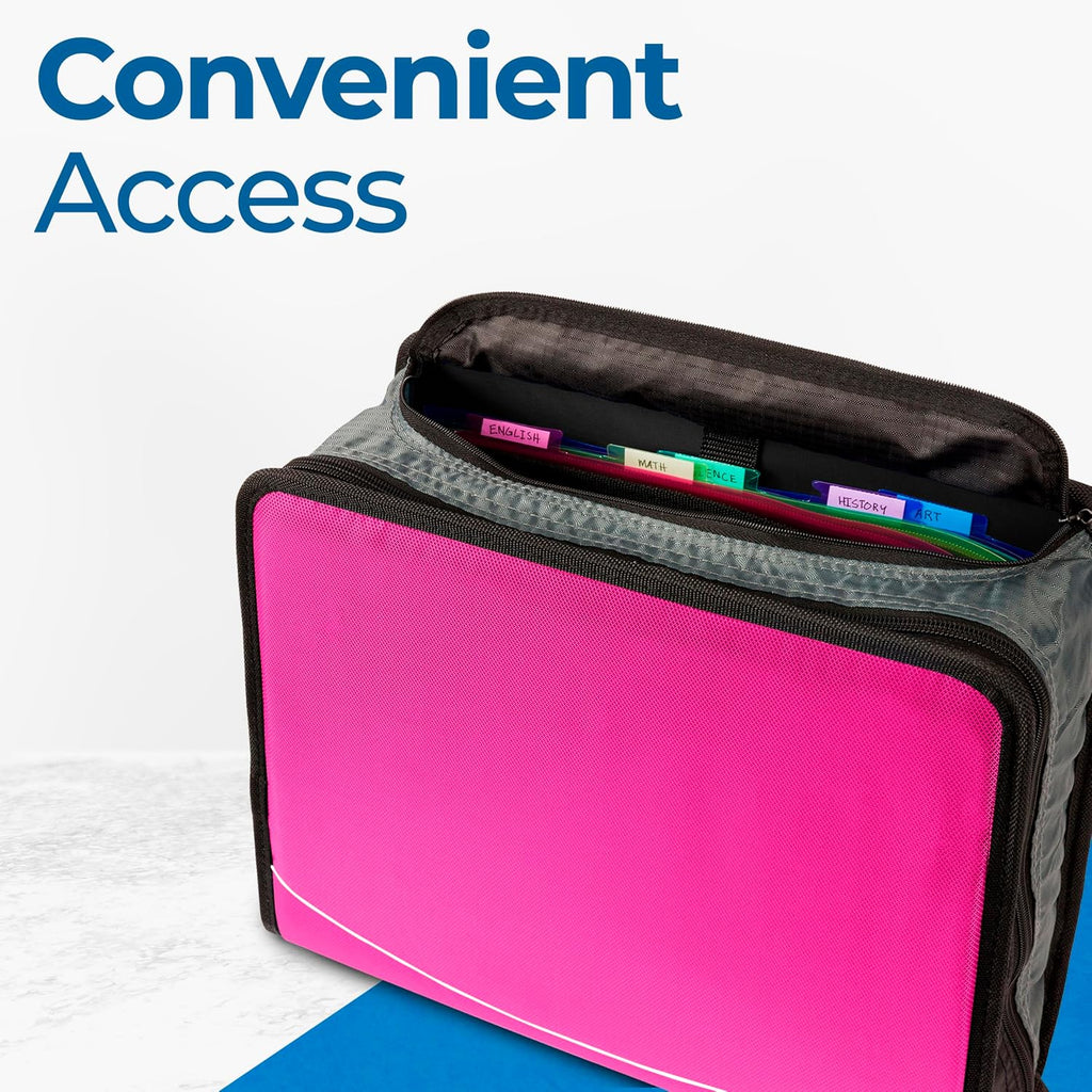 Case-it King Sized Zip Tab School Zipper Binder | 4-Inch D-Rings, 800 Sheet Capacity, 5-Subject Expanding File Folder, Multiple Pockets & Storage Organizer, Shoulder Strap | D-186 Magenta | 4 Pack