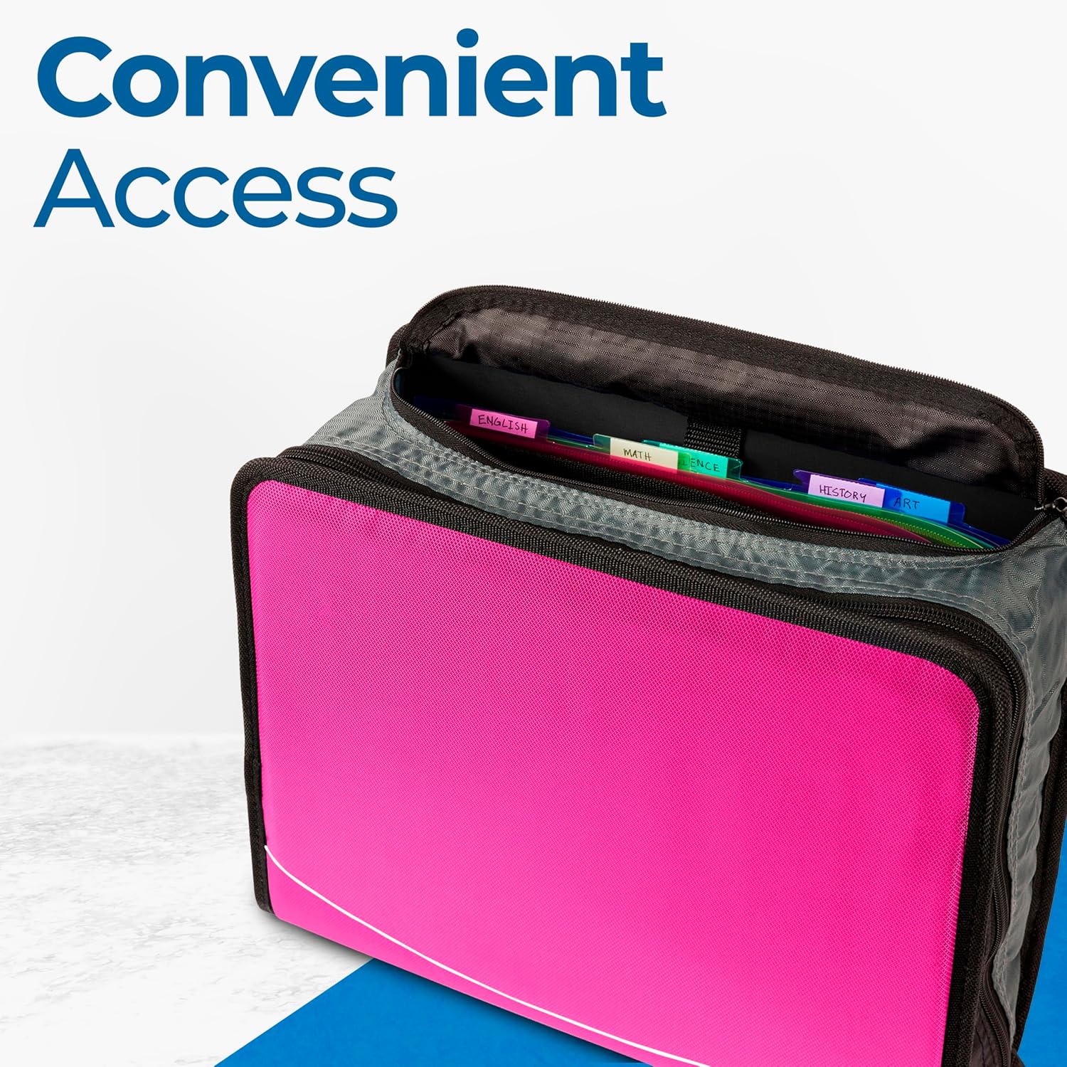Case-it King Sized Zip Tab School Zipper Binder | 4-Inch D-Rings, 800 Sheet Capacity, 5-Subject Expanding File Folder, Multiple Pockets & Storage Organizer, Shoulder Strap | D-186 Magenta | 4 Pack