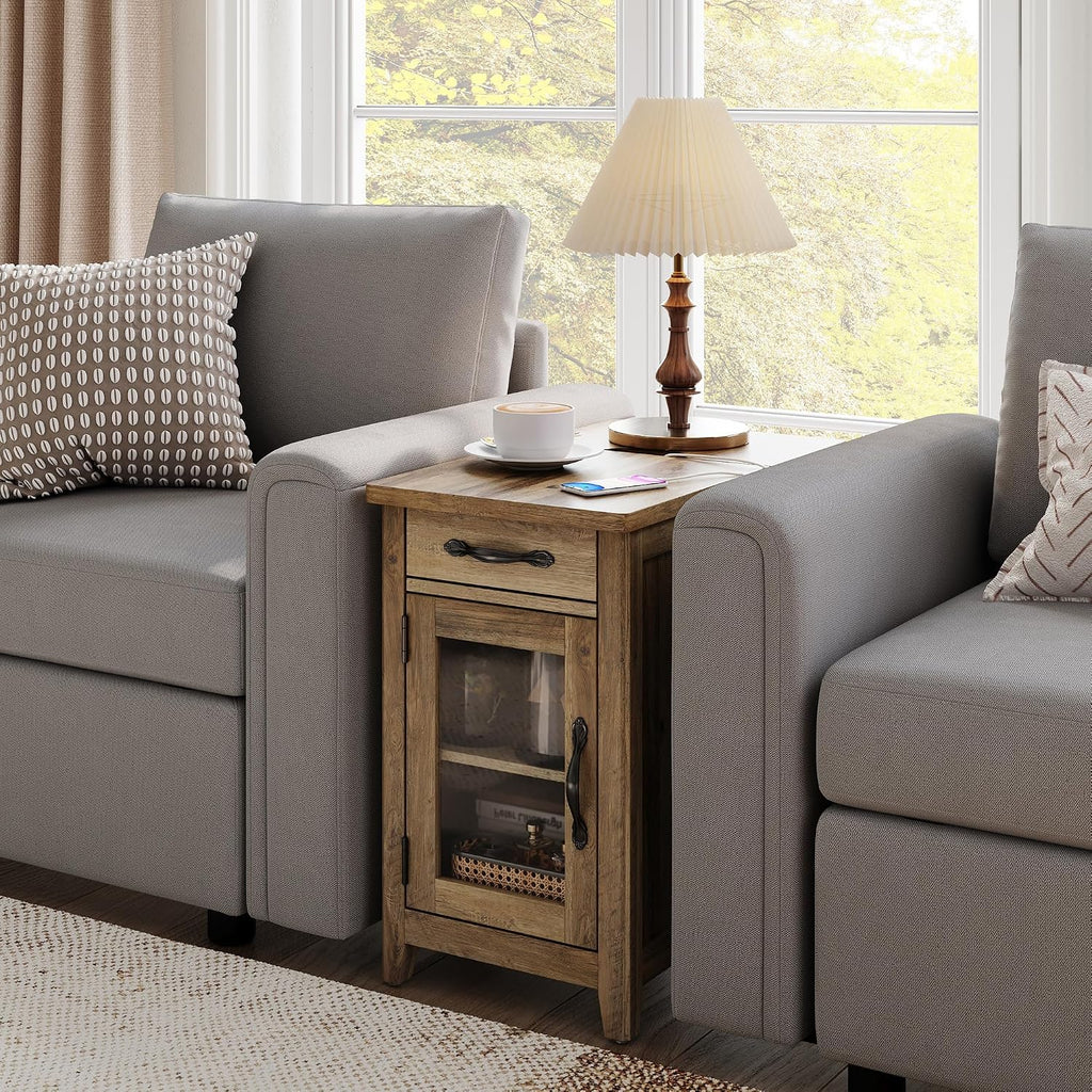 LINSY HOME End Table Set of 2 with Charging Station, Modern Farmhouse Sofa Couch Side Table, Wooden Bedside Table for Living Room, Nightstand with Storage Cabinet for Small Space, Brown, Glass Door