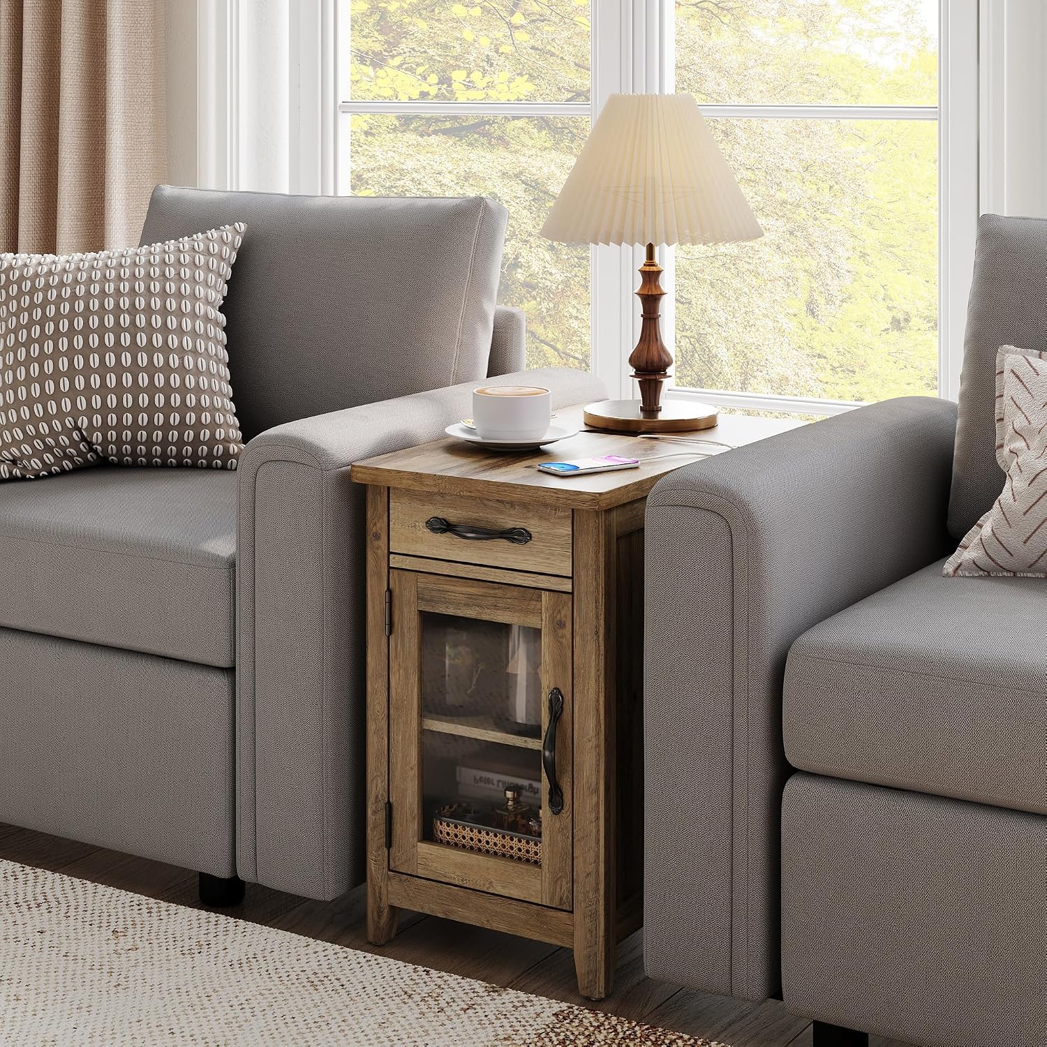 LINSY HOME End Table Set of 2 with Charging Station, Modern Farmhouse Sofa Couch Side Table, Wooden Bedside Table for Living Room, Nightstand with Storage Cabinet for Small Space, Brown, Glass Door