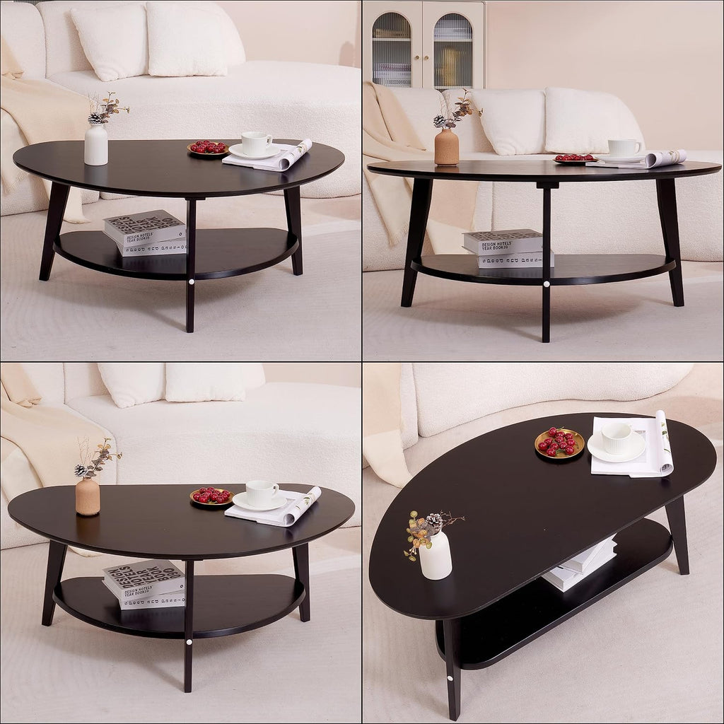 NAVREX Mid Century Modern Coffee Table, Oval Coffee Tables with Storage for Living Room, 2 Tier Solid Wood Center Table, Black Coffe Tables, Value Lies in Material, Easy Assembly, 40.2'*22'