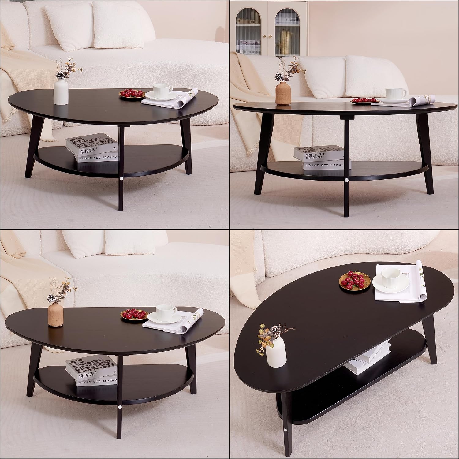 NAVREX Mid Century Modern Coffee Table, Oval Coffee Tables with Storage for Living Room, 2 Tier Solid Wood Center Table, Black Coffe Tables, Value Lies in Material, Easy Assembly, 40.2'*22'