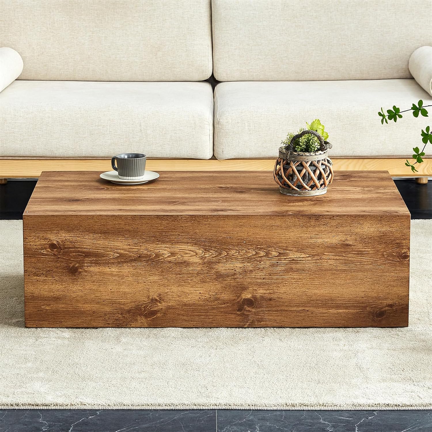 Rustic Brown Coffee Table for Living Room Rectangular Center Tables Modern Elegant Wooden Cocktail Table for Home Office -Fully Assembled