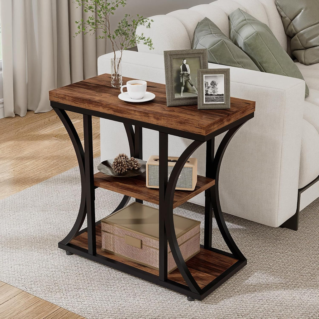 3-Tier End Table, Rustic Nightstand with Storage Shelves, Narrow Side Table for Living Room, Bedroom, Small Spaces – Wood and Metal Accent Table(Set of 2) (2, Rustic Brown)