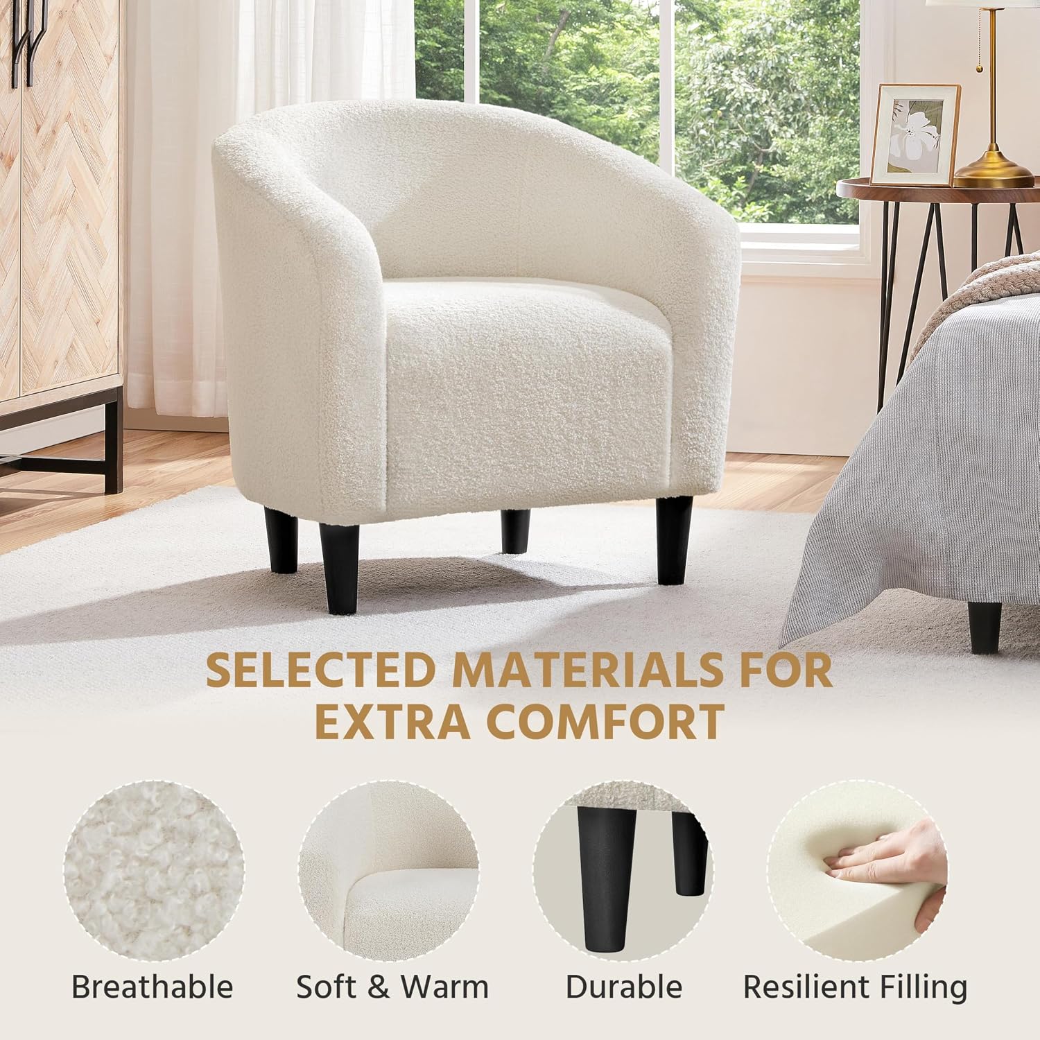 Yaheetech Barrel Chairs, Furry Accent Chairs with Soft Padded Armrest for Living Room Bedroom Waiting Room Office, Set of 2, Ivory