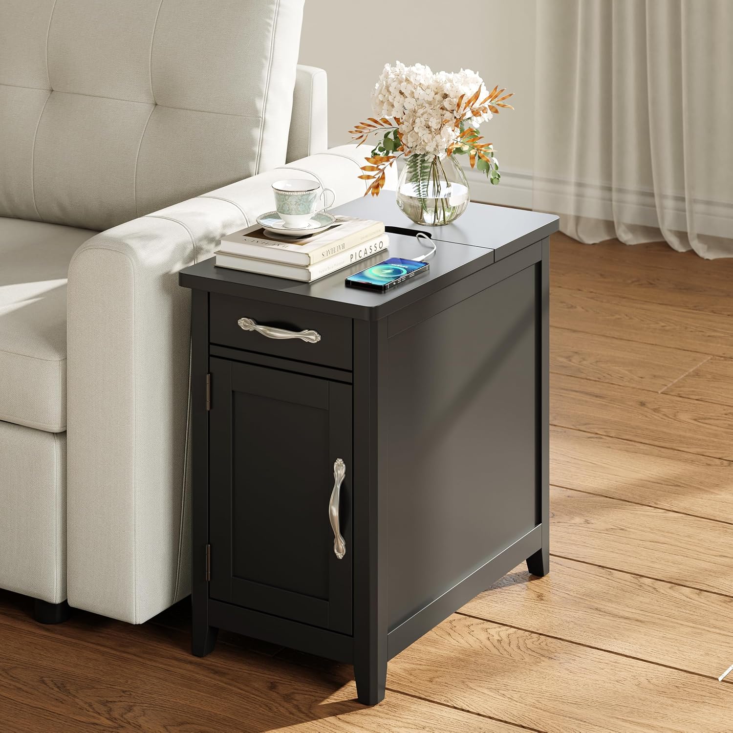LINSY HOME End Table Set of 2 with Charging Station, Modern Farmhouse Sofa Couch Side Table, Wooden Bedside Table for Living Room Bedroom, Narrow Nightstand with Storage for Small Space, Black
