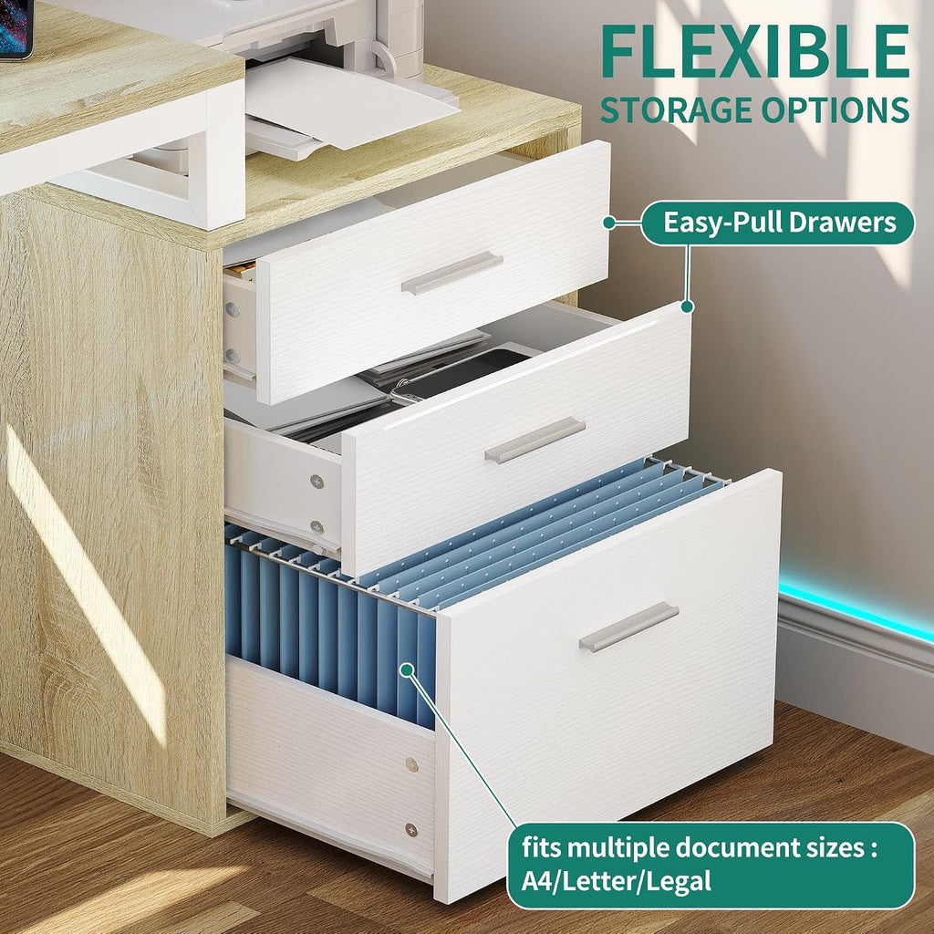 YITAHOME L Shaped Desk with 3 Drawers, 65' Corner Computer Desk with Power Outlets & LED Lights, L-Shaped Desk with File Cabinet & Printer Stand for Home Office, White & Oak
