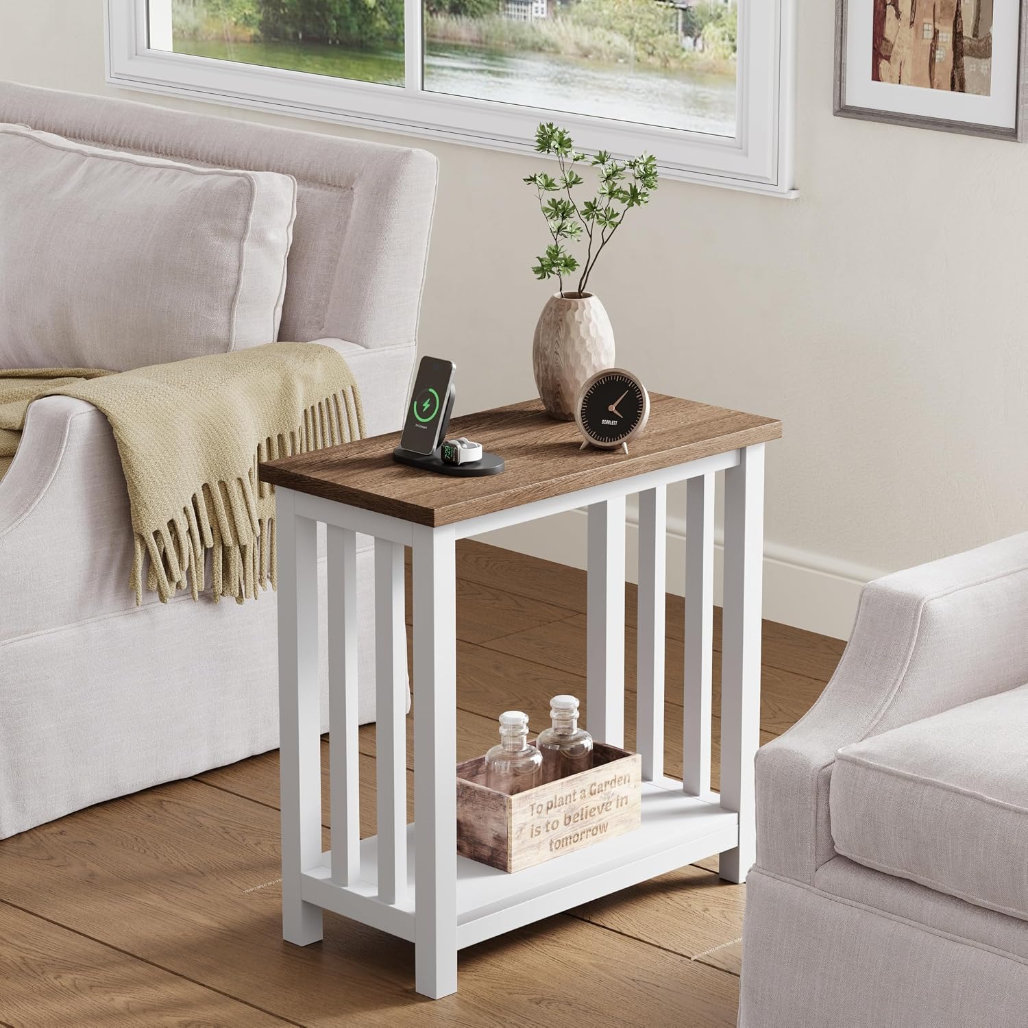 ChooChoo Farmhouse End Tables Set of 2, Narrow Side Tables for Small Spaces, Night Stands with Storage Shelf for Living Room and Bedroom, White and Brown