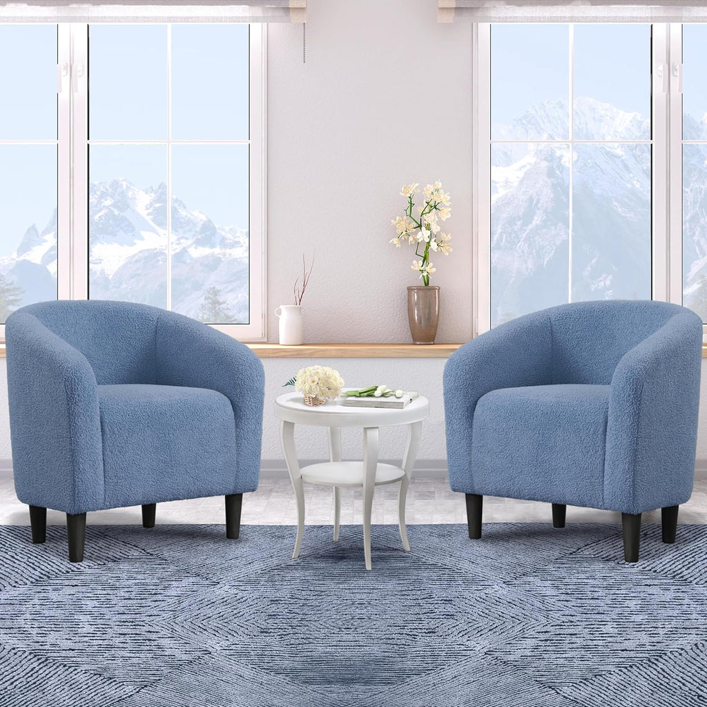 Yaheetech Barrel Chairs, Furry Accent Chairs with Soft Padded Armrest for Living Room Bedroom Waiting Room Office, Set of 2, Blue