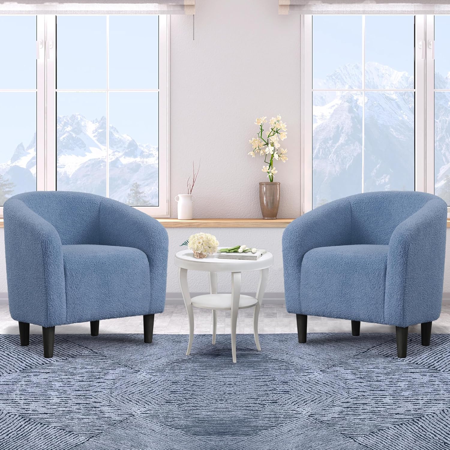Yaheetech Barrel Chairs, Furry Accent Chairs with Soft Padded Armrest for Living Room Bedroom Waiting Room Office, Set of 2, Blue