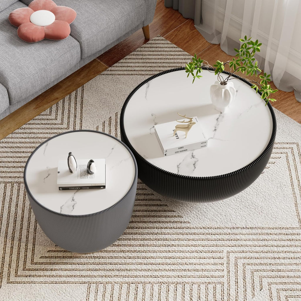 Modern Round Coffee Table Set of 2 Luxury Sintered Stone Top Coffee End Table in Black/Grey Leatherette Creative Bowl-Shape Small Coffee Side End Tables for Living Room,Fully Assembled