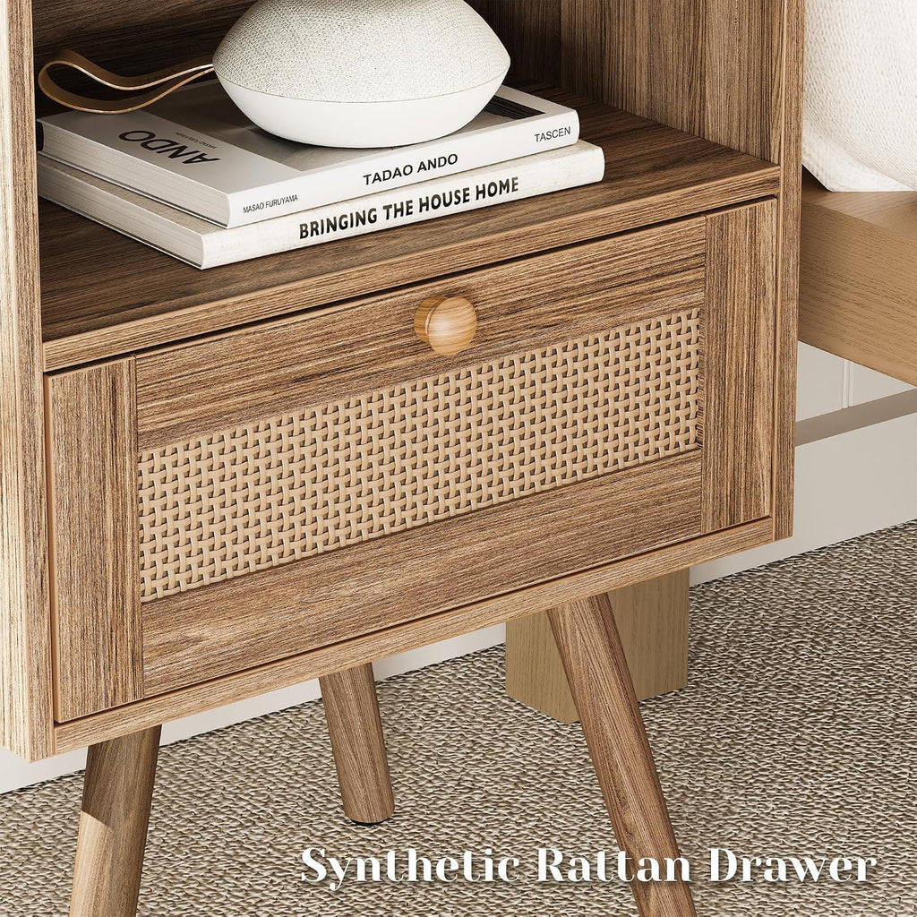 SUPERJARE Nightstands Set of 2, Night Stands with Charging Station & PE Rattan Decor Drawer, Bed Side Tables with Solid Wood Feet, End Table, for Bedroom, Living Room, Walnut