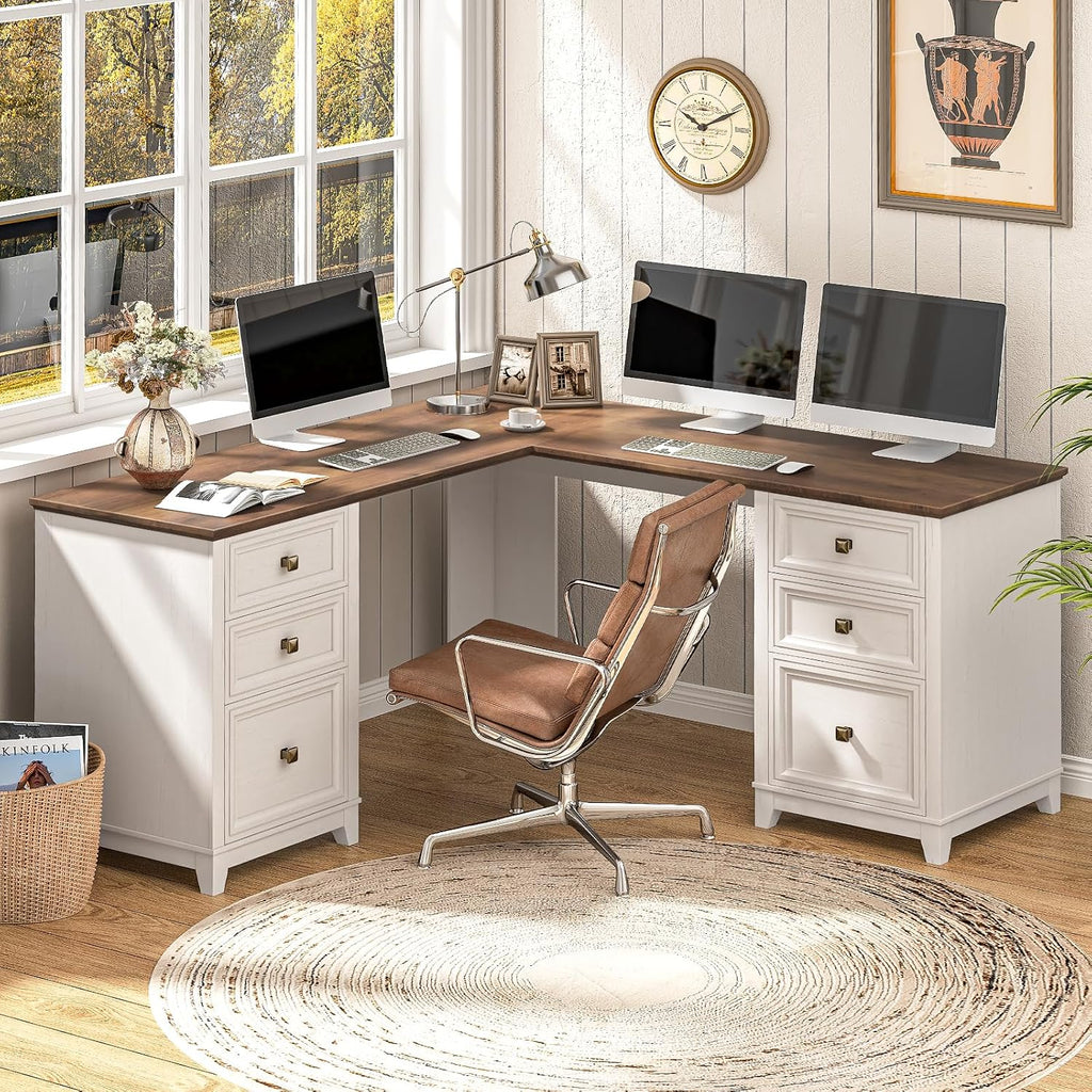 Vabches Farmhouse L Shaped Executive Desk with 6 Drawers, 59'' Wood Home Office Desk with File Cabinet, Writing Corner Computer Desk for Home Office, Work, Study, White and Brown