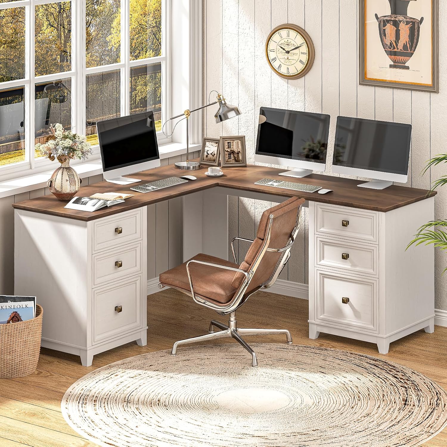 Vabches Farmhouse L Shaped Executive Desk with 6 Drawers, 59'' Wood Home Office Desk with File Cabinet, Writing Corner Computer Desk for Home Office, Work, Study, White and Brown