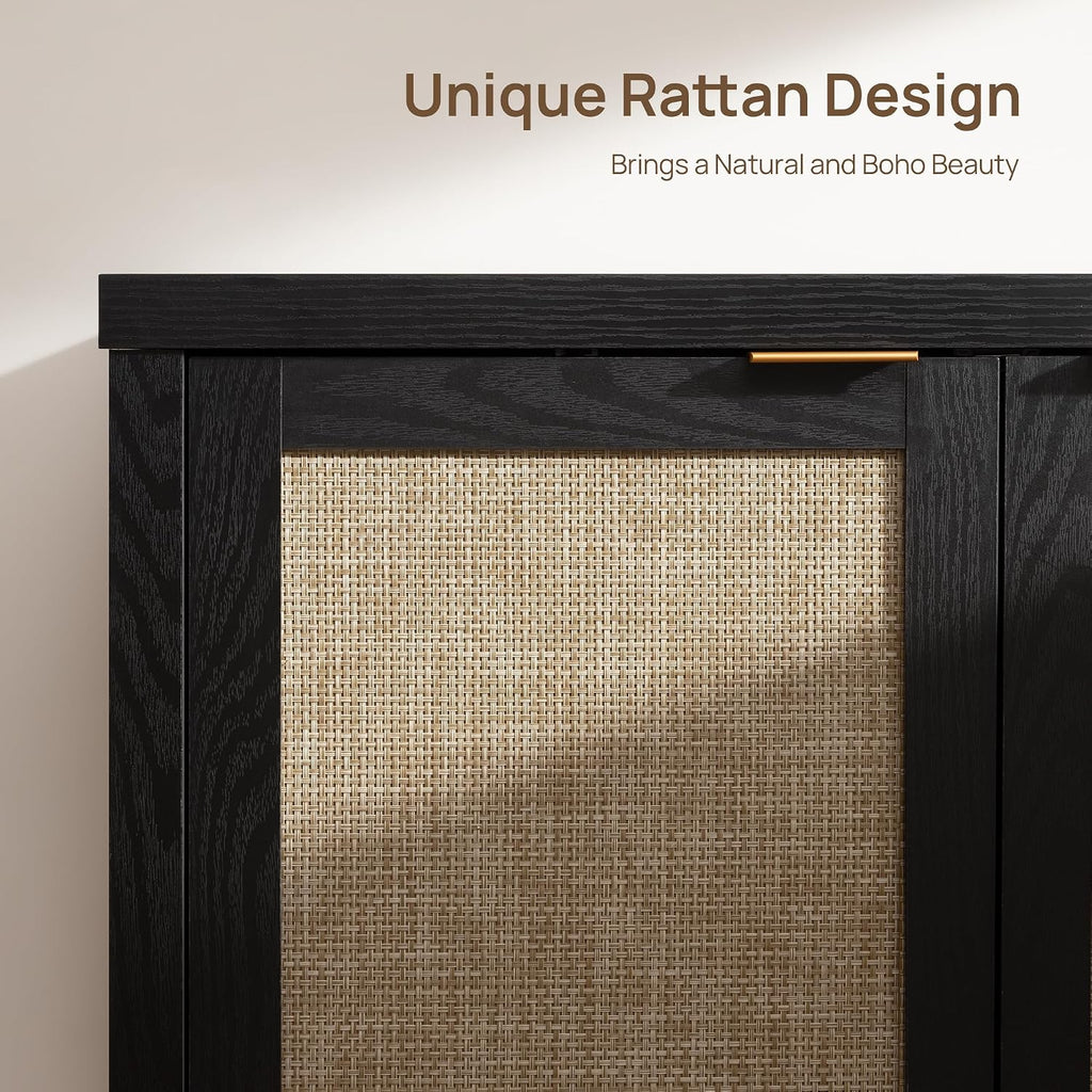 SICOTAS Rattan Sideboard Buffet Storage Cabinet - 3 Pieces Boho Farmhouse Coffee Bar Cabinet Credenza Cabinet with Storage and Rattan Decorated Doors for Home Kitchen, Black
