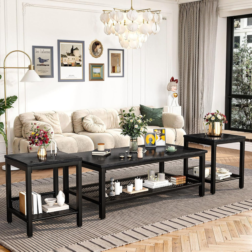 Lamerge 3 Pieces Living Room Table Set, Industrial Coffee Table with 2 Square End Side Tables, Coffee Table Set with Metal Frame for Apartment Home Office, Black