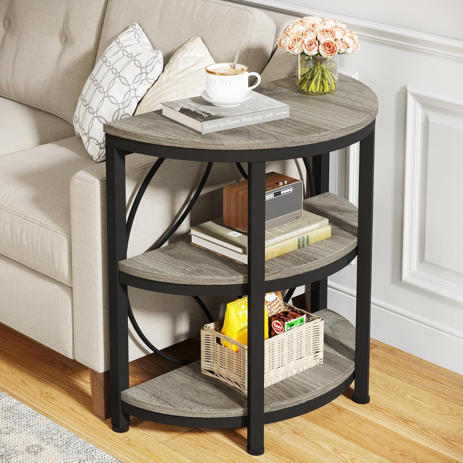 Tribesigns Half Round End Table Set of 2, 3-Tier Half Circle Side Table with Metal Frame, Industrial Half Moon Table, Half Coffee Accent Table Bedside Table for Living Room, Bedroom, Grey