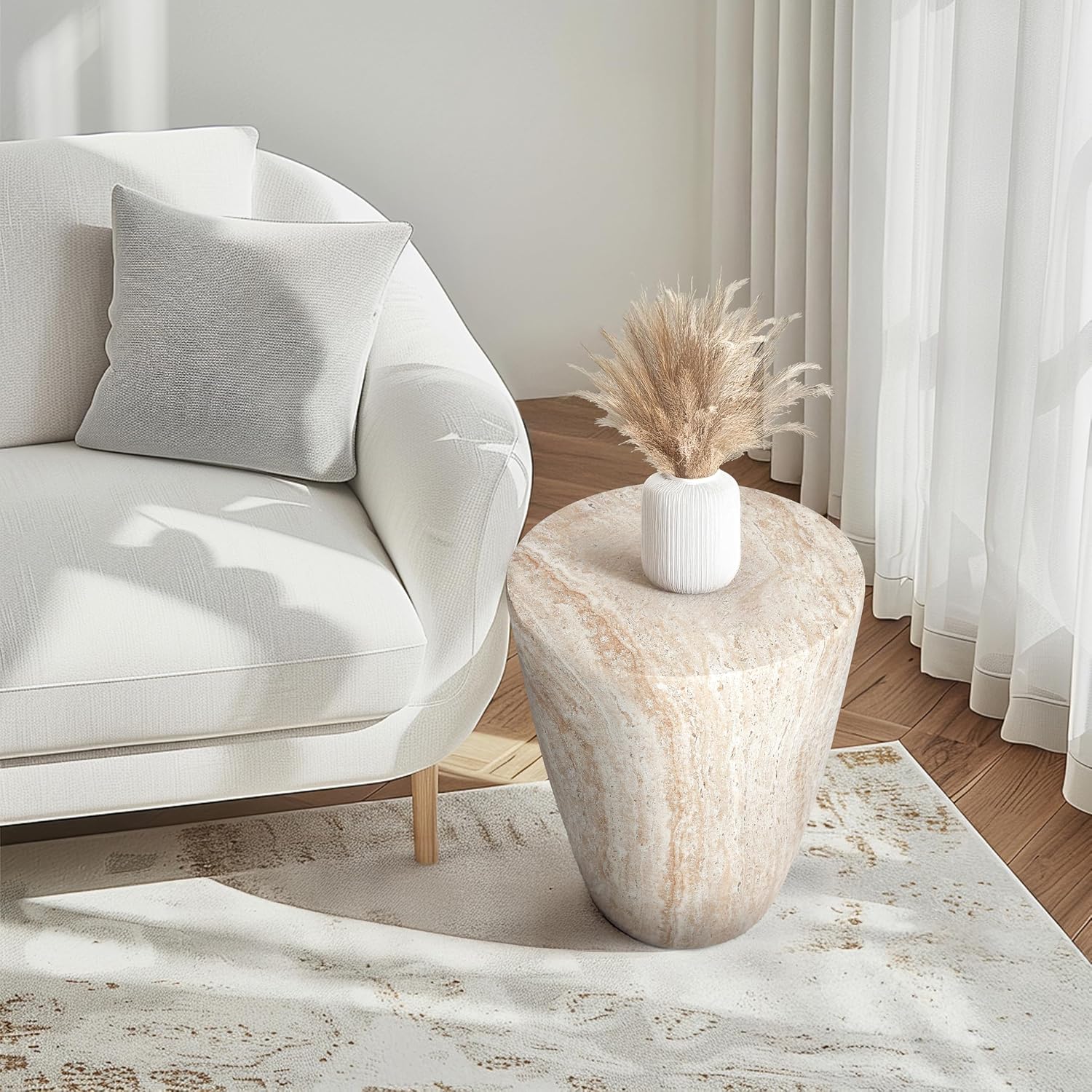 Empire Art Direct Tapered Travertine Stone Finish Italian Design MgO Side Accent Table, Living Room, Bedroom & Office, 14.5'x14.5'x18.3'