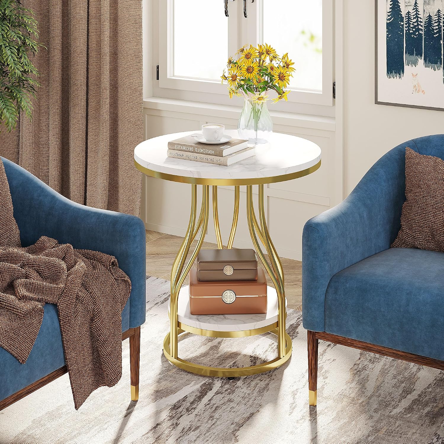 Tribesigns Round Side Table White Gold End Table Set of 2, 2-Tier End Table Modern Bedside Table Small Side Table with Storage Sofa Side Table with Metal Frame for Living Room