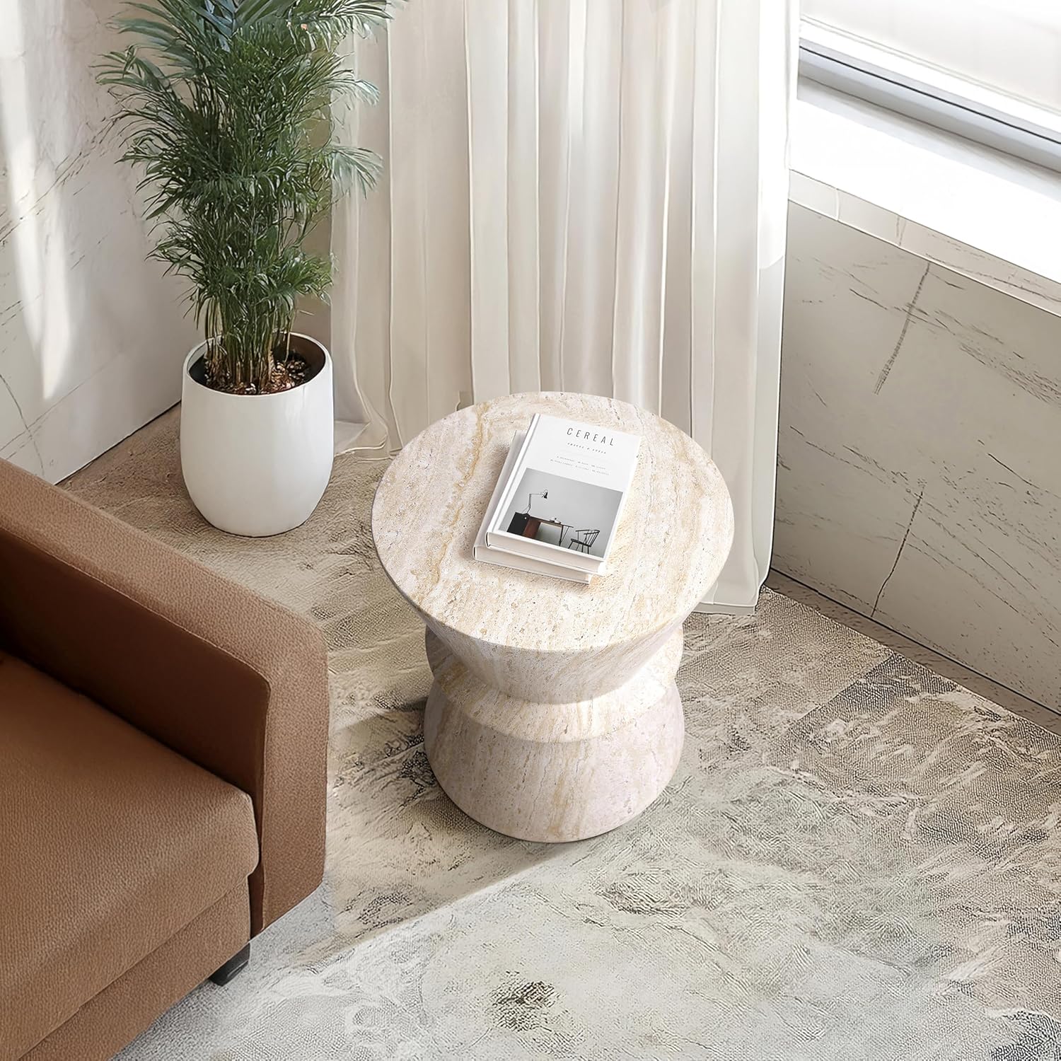 Empire Art Direct Hourglass Travertine Stone Finish Italian Design MgO Side Accent Table, Living Room, Bedroom & Office, 15.4'x15.4'x17.8'