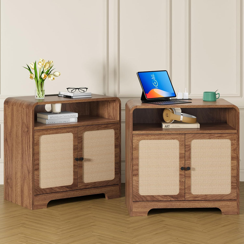 24' Nightstand Set of 2, Large End Table with Door & Charging Station AC + USB + Tpye-C, Mid-Century Farmhouse Linen Decor Night Stand Side Table for Living Room Sofa Couch Side, Bedroom Bedside