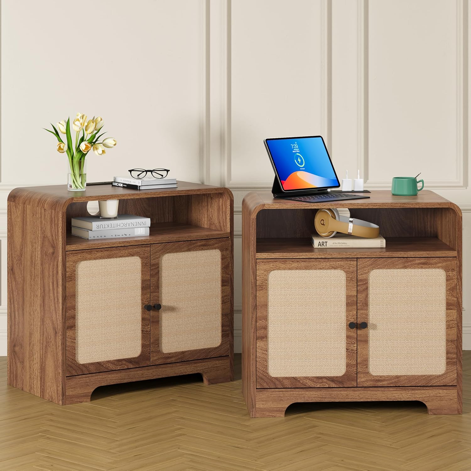 24' Nightstand Set of 2, Large End Table with Door & Charging Station AC + USB + Tpye-C, Mid-Century Farmhouse Linen Decor Night Stand Side Table for Living Room Sofa Couch Side, Bedroom Bedside