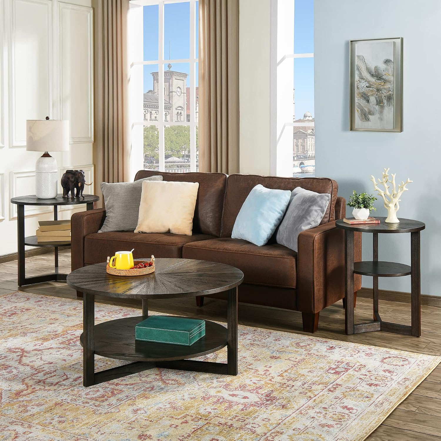 Large Round End Table with Storage Shelf, Rustic Beside Tables with Umbrella Top,Traditional Circular Sofa Side Table, 25.2'D Telephone Table for Living Room Easy Assembly Brushed Black CJZ3338BK