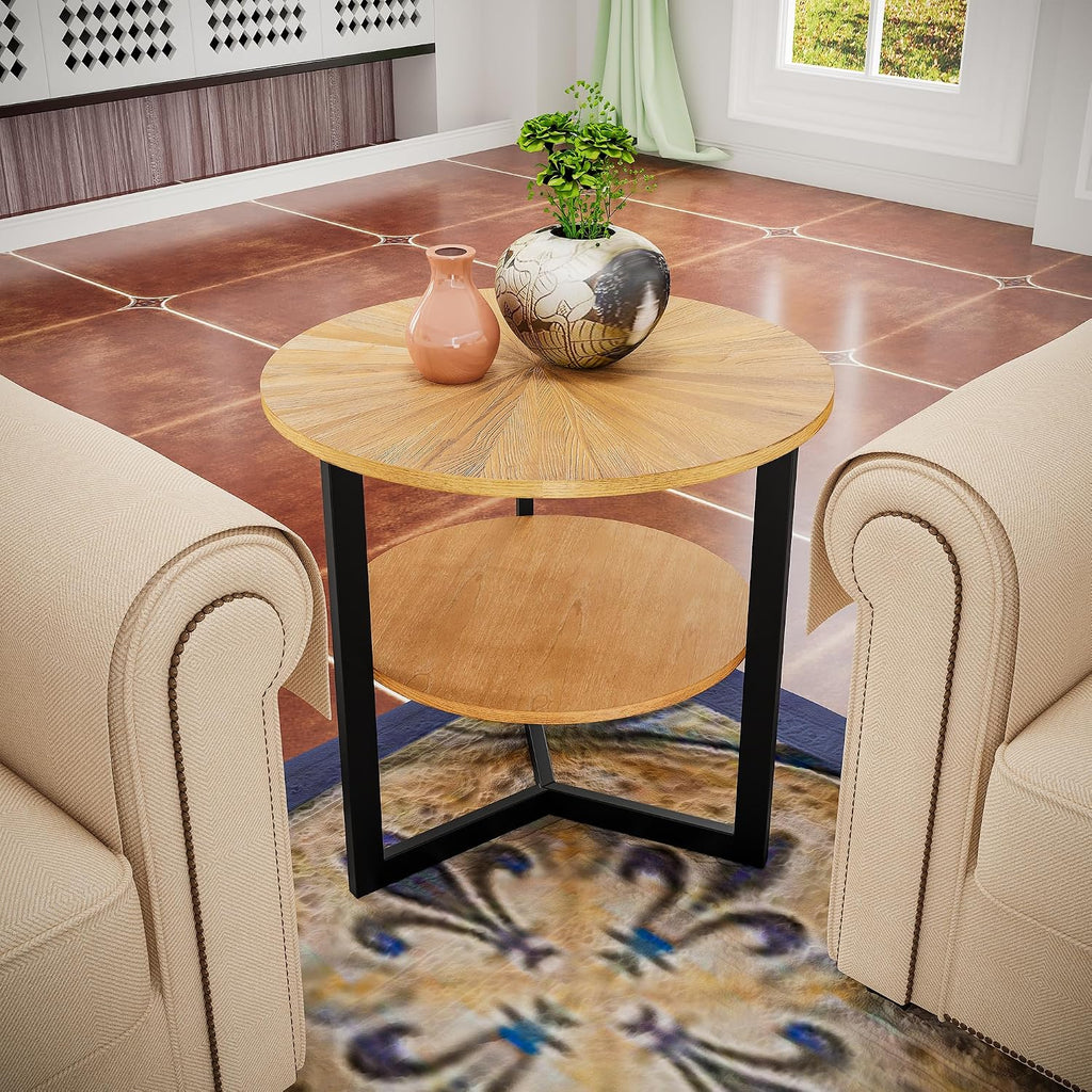 Round Large End Table with 2 tire Storage Shelf, 25.2' Solid Wood Sofa Side Table with Black Metal Frame, Beside Table for Living Room,Small Space,Natural CJZ1338OA