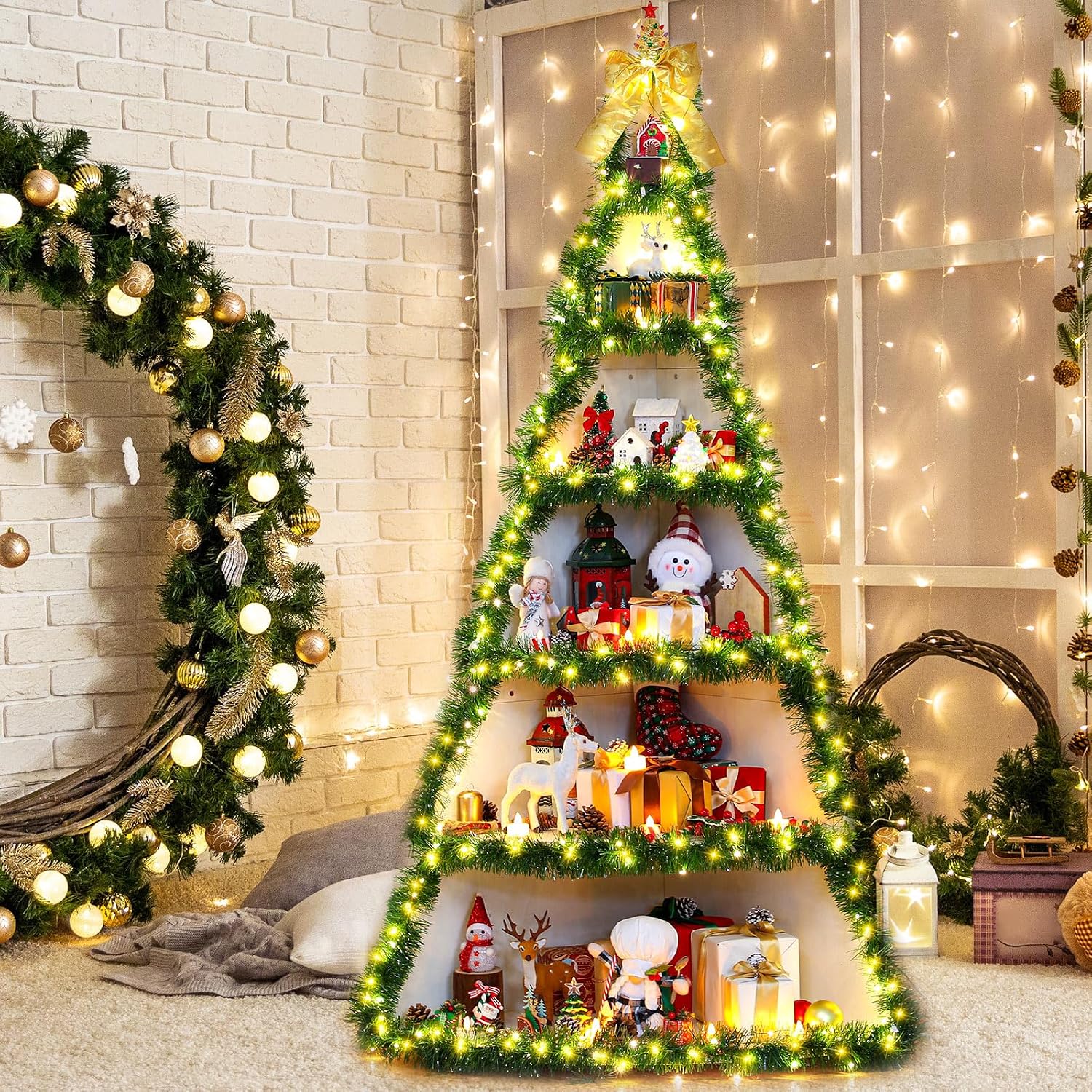 CroBlissful 6 Tier 6ft Christmas Village Display Stand Christmas Tree Corner Shelf Large Wood Platform Bookshelf for DIY Living Room Bedroom Home Office Decor