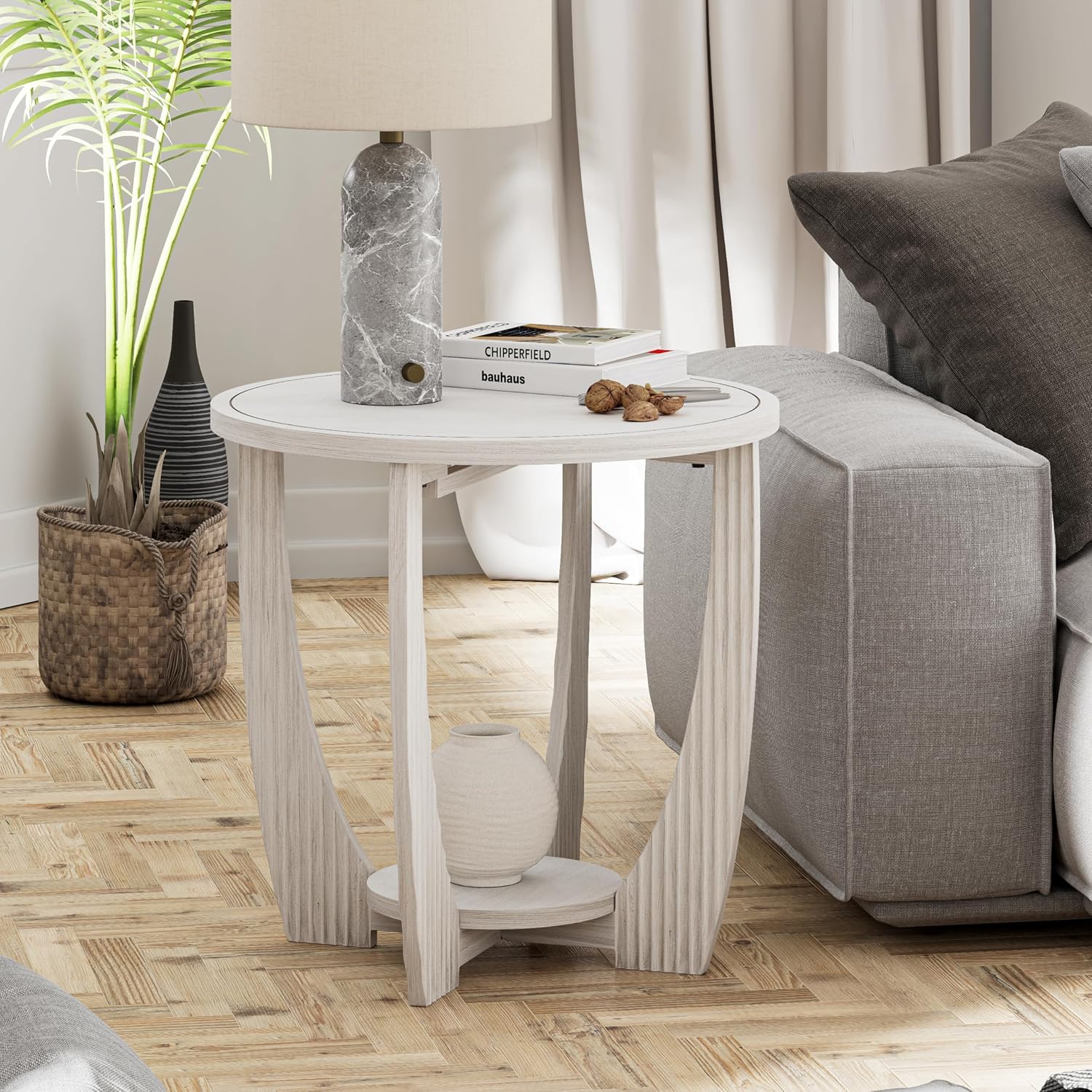 COZAYH Rustic Farmhouse end Table X 2P with Storage Shelf, French Country Accent Side Table for Family, Dinning or Living Room, Small Spaces, Modern, Round, White