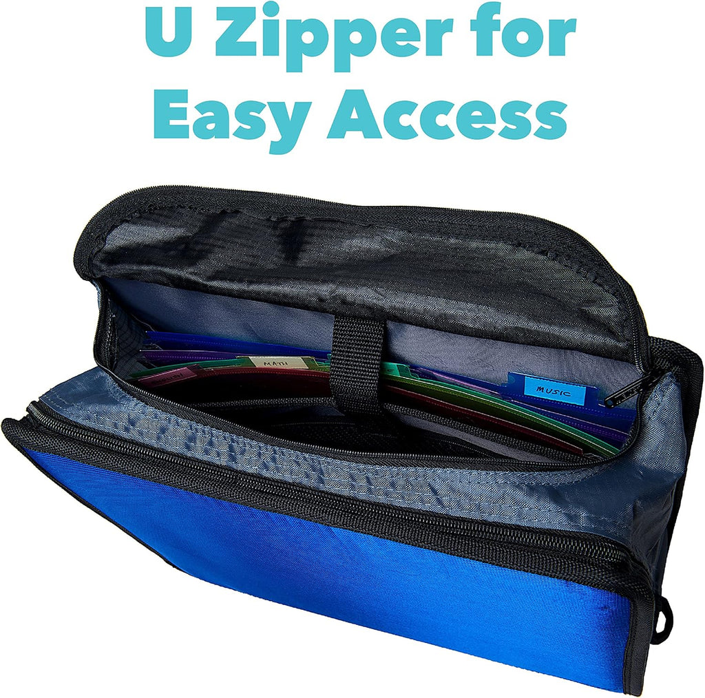 Case-it King Sized Zip Tab School Zipper Binder | 4-Inch D-Rings, 800 Sheet Capacity, 5-Subject Expanding File Folder, Multiple Pockets & Storage Organizer, Shoulder Strap | D-186 Blue | 4 Pack
