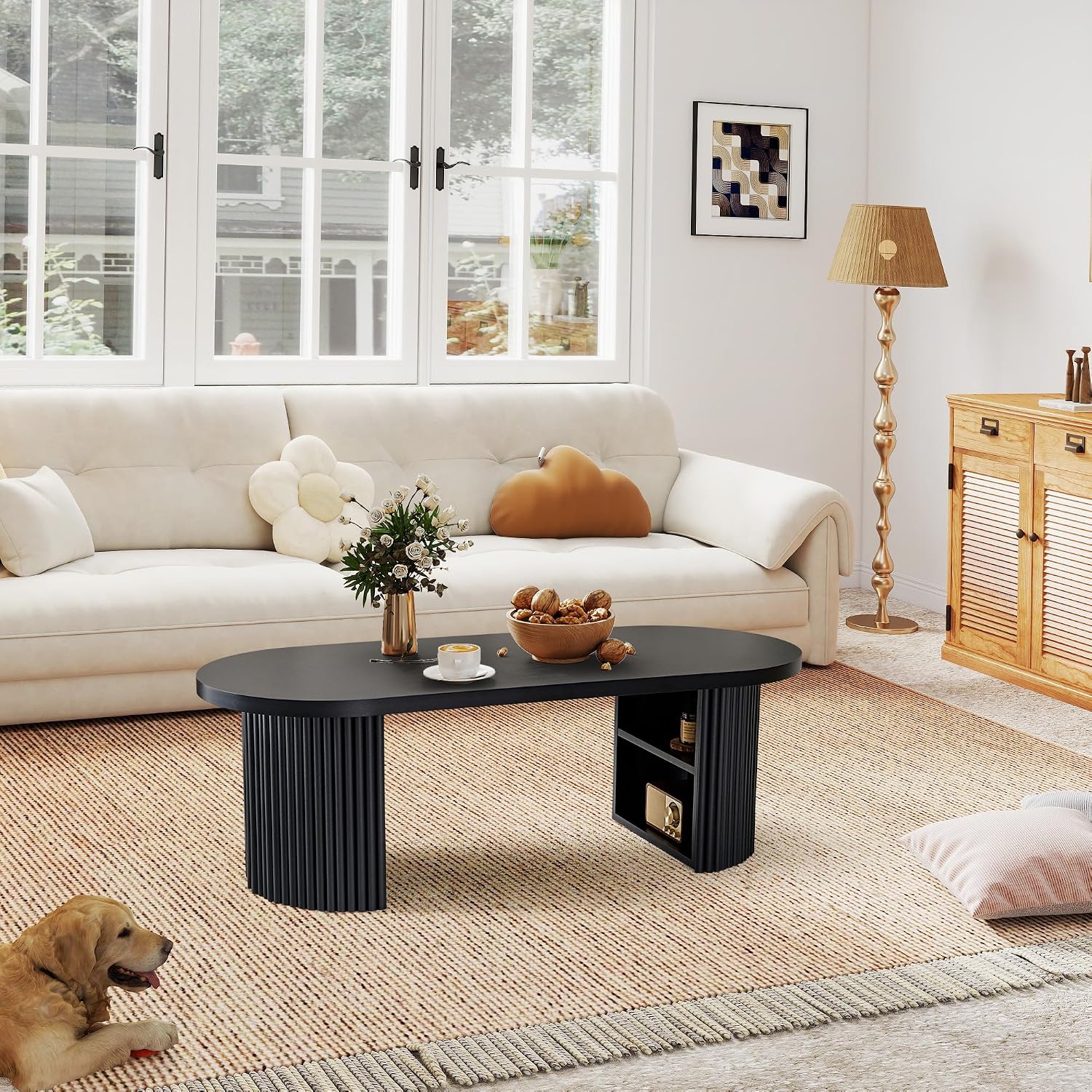 Oval Fluted Coffee Table, 47' Farmhouse Wood Coffee Table Mid Century Modern Center Table Boho Living Room Tables for Living Room Office,Black