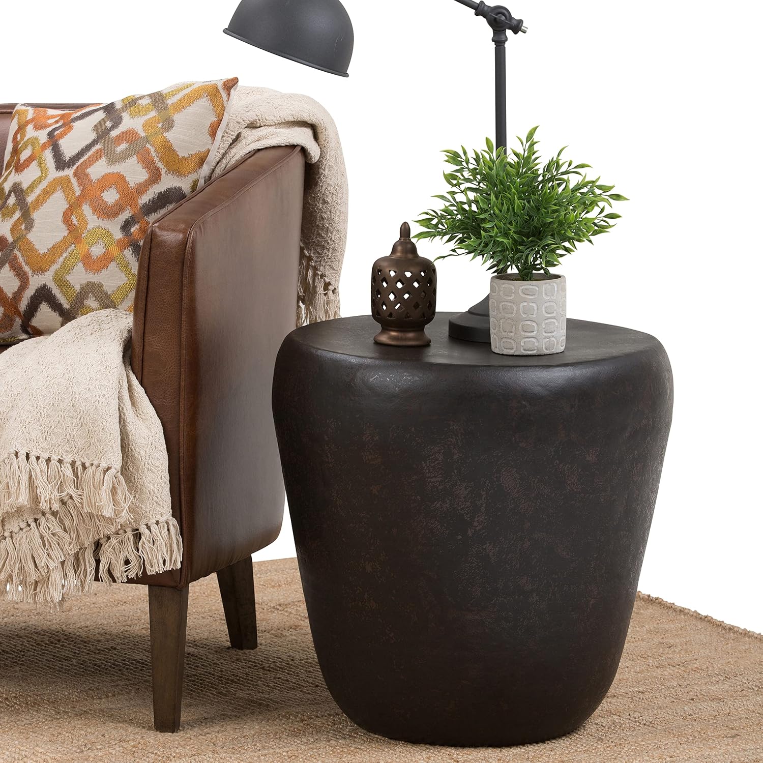 SIMPLIHOME Garvy Metal Side Table - 22 inch Wide Solid Metal Round Drum Accent Table in Rustic Bronze, Industrial Living Room Center Table or End Table with Textured Finish, Assembled