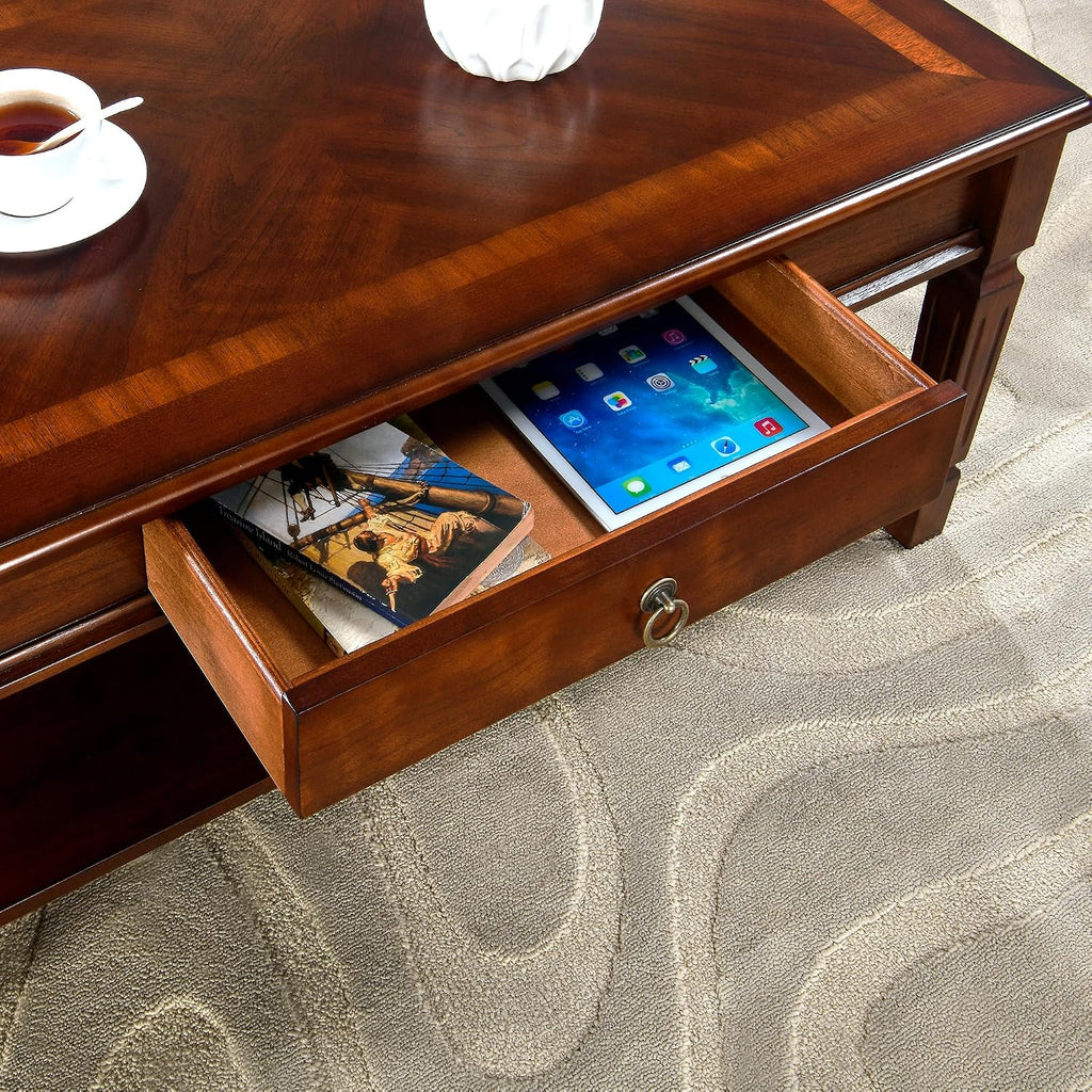 Living Room Table Set-1 Coffee Table and 2 End Tables with Storage Drawer and Shelf, Farmhouse Center Table with Wood Legs, Rectangular Corner Table, Easy Assembly Dark Cherry KFZ-D1258