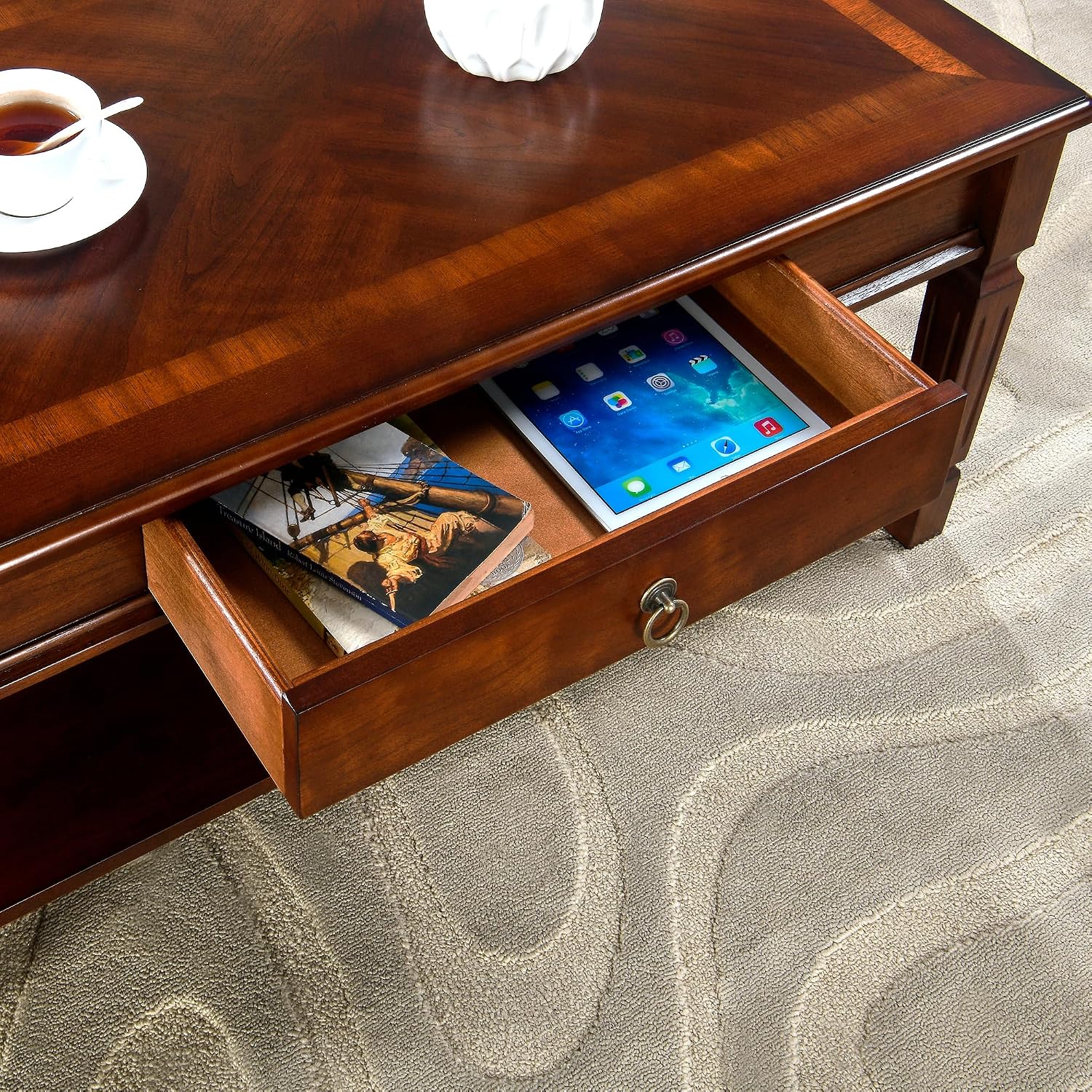 Living Room Table Set-1 Coffee Table and 2 End Tables with Storage Drawer and Shelf, Farmhouse Center Table with Wood Legs, Rectangular Corner Table, Easy Assembly Dark Cherry KFZ-D1258