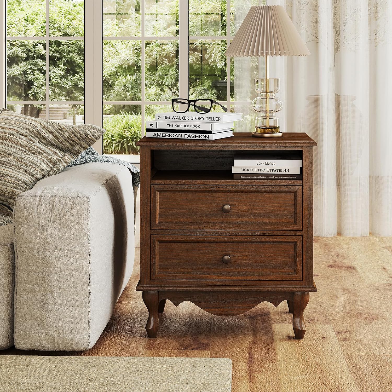 Solid Wood Nightstand, Fully Assembled Night Stand with 2 Drawer & Open Shelf Storage, Bedside Table with Charging Station, Mid-Century Modern End Table for Bedroom, Walnut