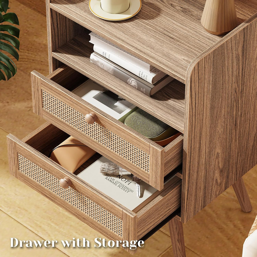 SUPERJARE 2 Drawer Night Stand with Charger Station, Boho Rattan Nightstand Set of 2, 25.2 Inch Tall Bed Side Table with Solid Wood Feet, End Table, Open Storage, Synthetic Rattan, Walnut