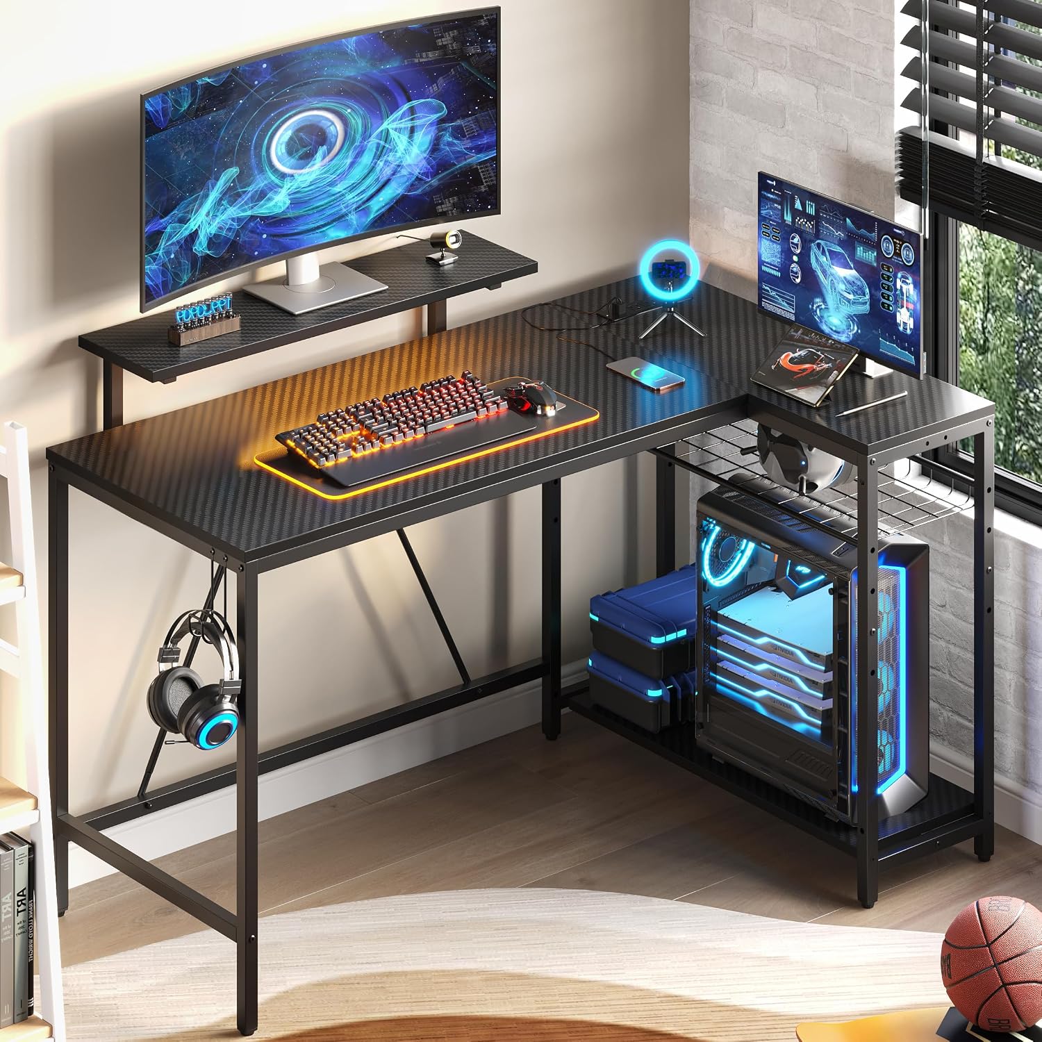 Bestier 52' Gaming Desk with Integrated Power Outlet & USB Ports, L-Shaped Computer Desk with LED Strip & Headphone Hooks, Perfect for Home Office Pink,Carbon Fiber Black