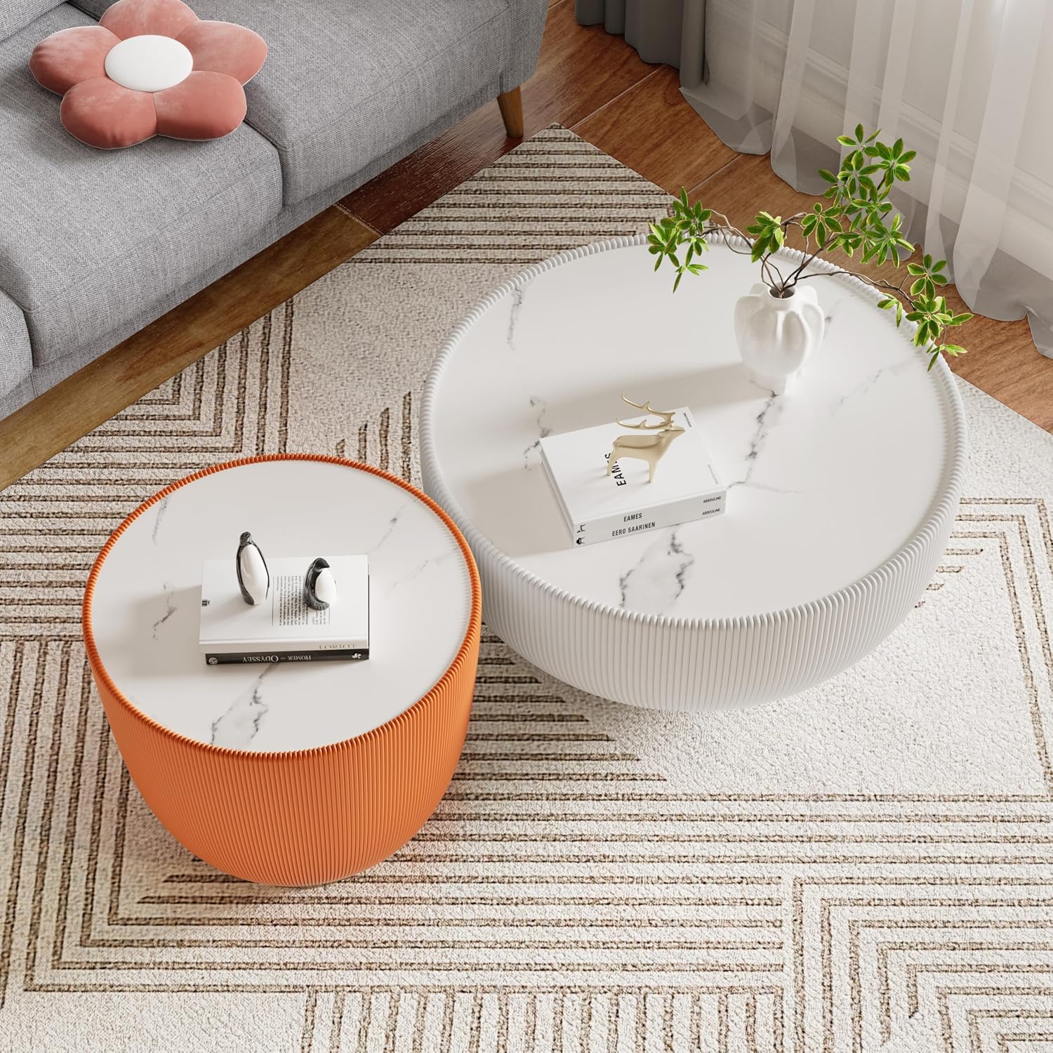 Modern Round Coffee Table Set of 2 Luxury Sintered Stone Top Coffee End Table in White/Orange Leatherette Creative Bowl-Shape Small Coffee Side End Tables for Living Room Bedroom