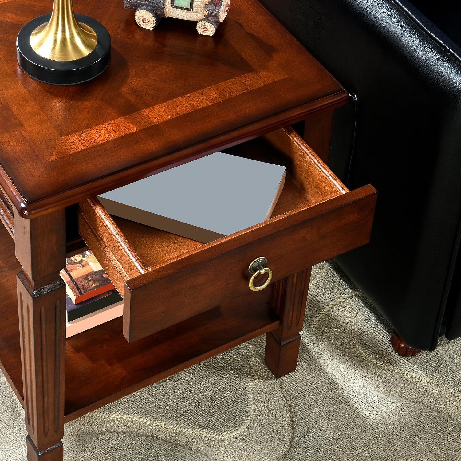 End Side Table with Storage Drawer and Shelf, Farmhouse Sofa Beside Table with Carved Wood Legs, 21.9'H Telephone Table for Living Room, Square Corner Tables, Easy Assembly, Dark Cherry BZ-D1258