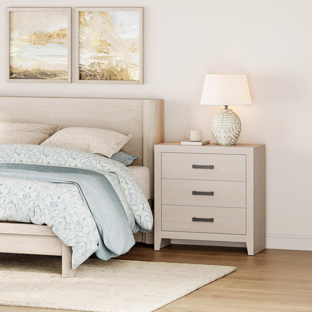 WAMPAT Farmhouse Nightstand with 3 Drawers, Large Wood Bedside Table, Wide Sofa Side End Table, Storage Organizer Chest for Living Room, Bedroom, Hallway, Beige, 32 Inches