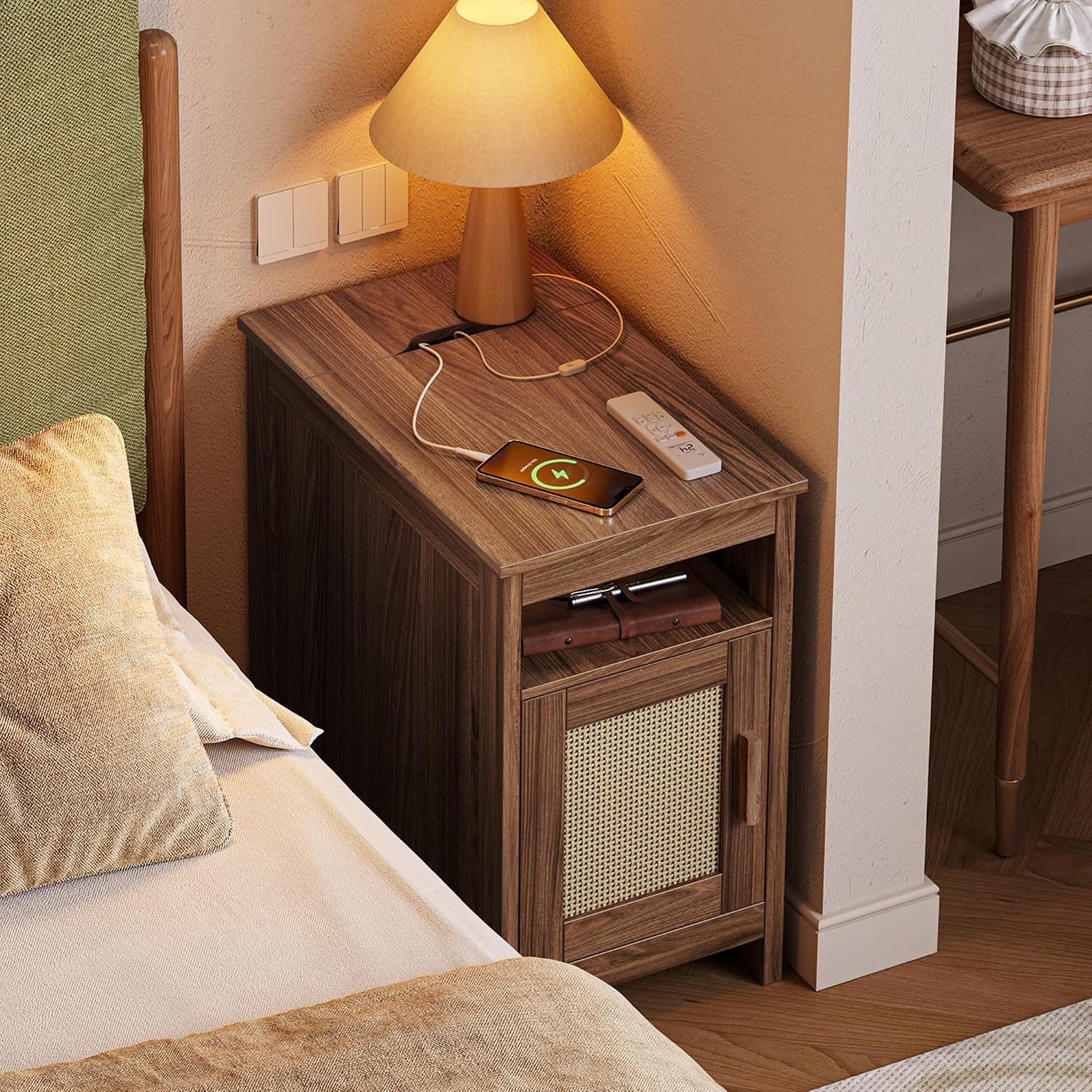Huuger Narrow Night Stand Set of 2, End Table with Charging Station, USB-C Port, Rattan Side Table with Cabinet and Open Shelf, Synthetic Rattan, for Small Spaces, Bedroom, Walnut