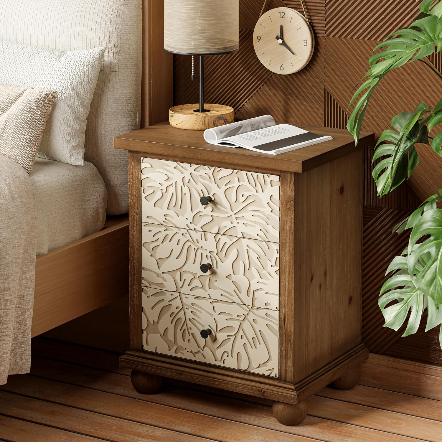 COZAYH Farmhouse 3-Drawer Nightstand with Leaves Pattern Carved, Set of 2 Vintage French Country End Table for Bedroom, Living Room, Distressed Finish, White & Brown