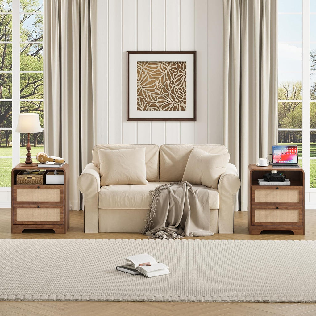 Nightstand with Drawers Set of 2, Mid-Century Living Room Wood End Table with Charging Station for Couch, Night Stand with Charger Station, Linen Decor Side Table for Bedroom