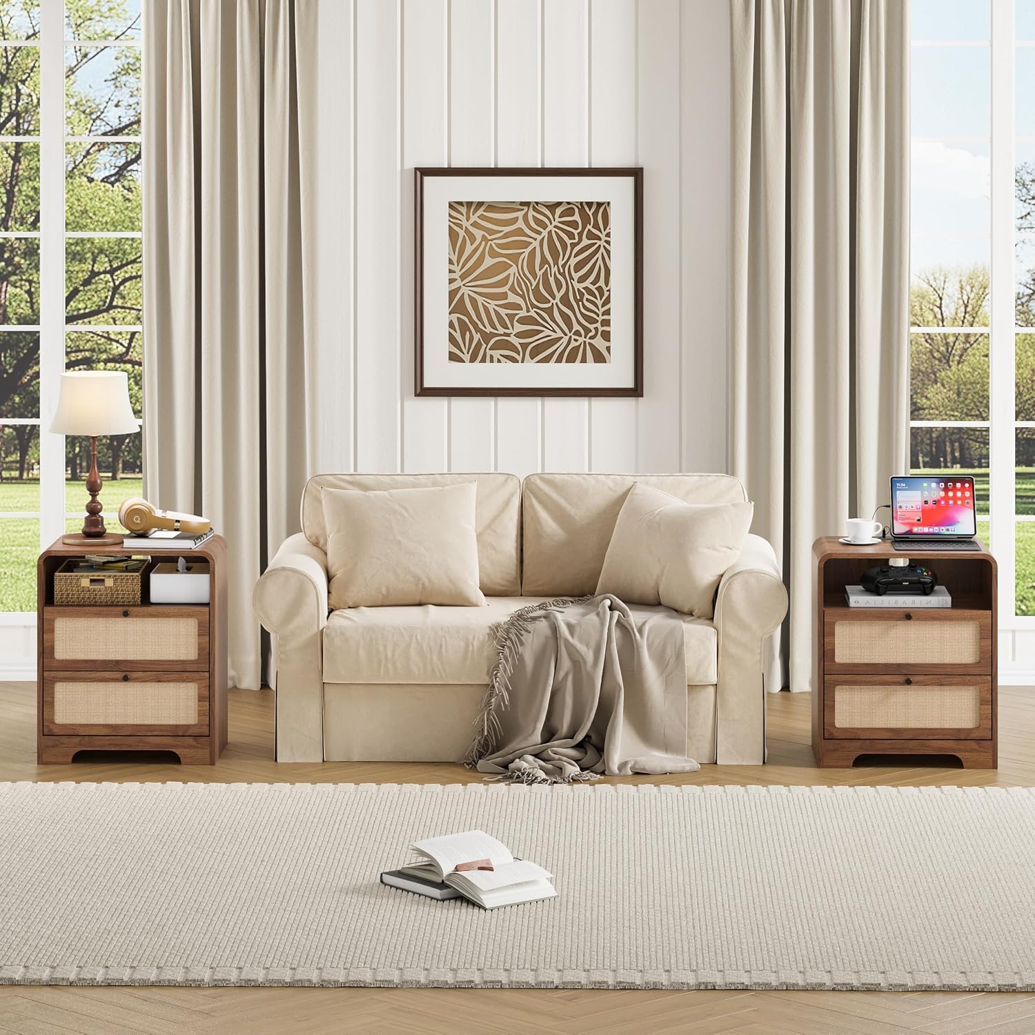 Nightstand with Drawers Set of 2, Mid-Century Living Room Wood End Table with Charging Station for Couch, Night Stand with Charger Station, Linen Decor Side Table for Bedroom