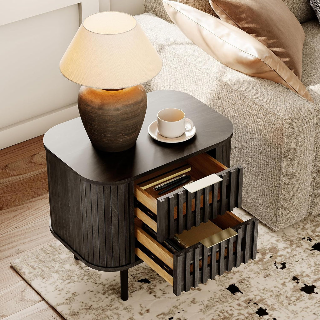 WAMPAT Fluted Nightstand, Modern Wooden End Table with 2 Drawer, Storage Bedside Table for Bedroom and Living Room, Black, 2 Pack