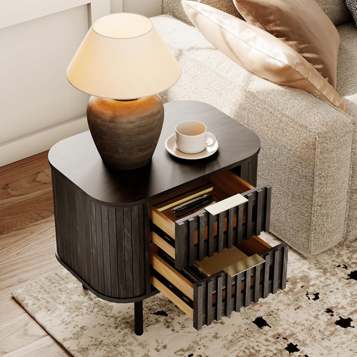 WAMPAT Fluted Nightstand, Modern Wooden End Table with 2 Drawer, Storage Bedside Table for Bedroom and Living Room, Black, 2 Pack