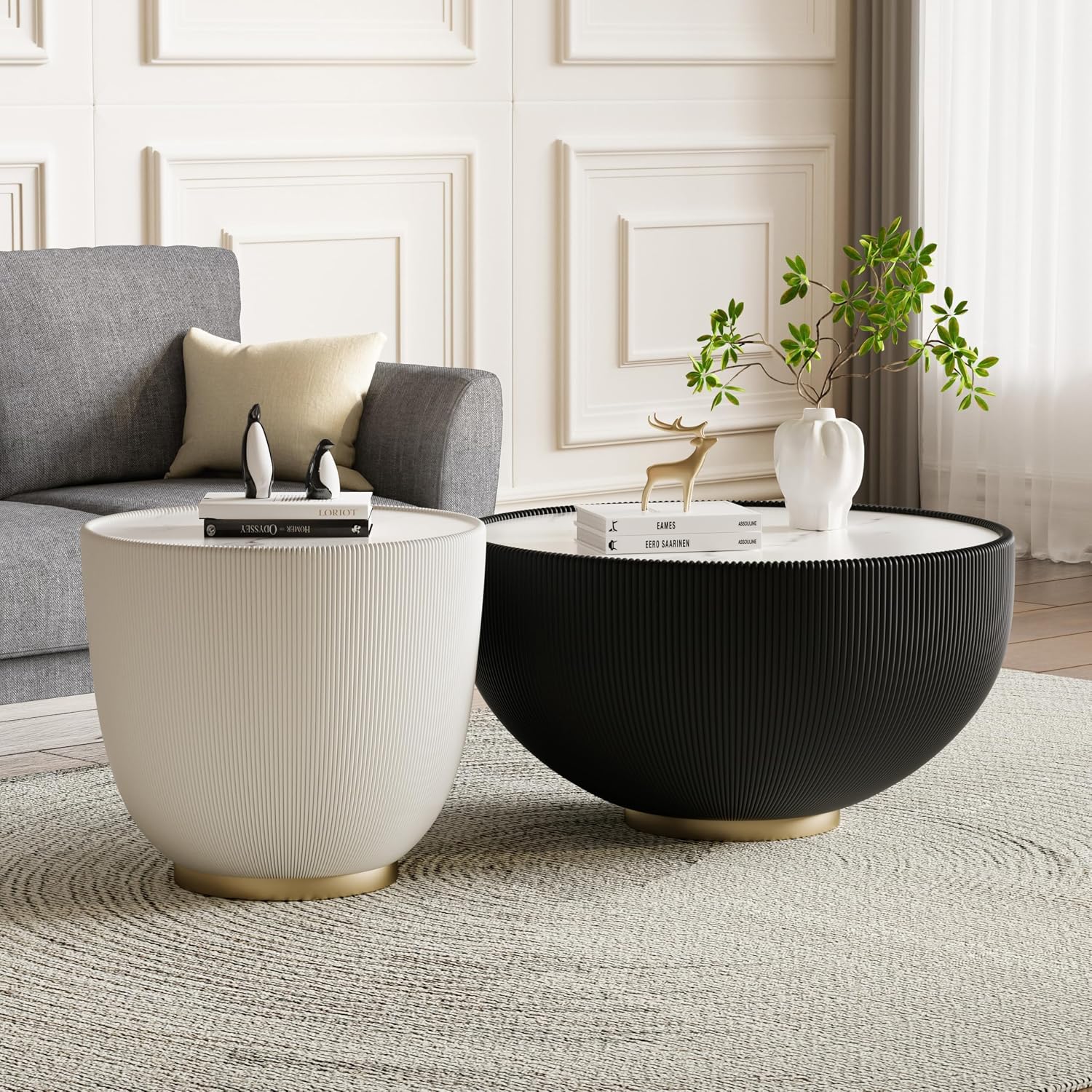 Modern Round Coffee Table Set of 2 Luxury Sintered Stone Top Coffee End Table in Black/White Leatherette Creative Bowl-Shape Small Coffee Side End Tables for Living Room Bedroom