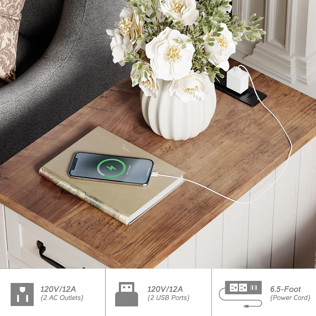 WAMPAT 2 Pack End Tables with Charging Station, White Wood Sofa Side Table with Drawer & Storage Cabinet, Modern Nightstand with Power Outlets & USB Ports for Living Room, Bedroom