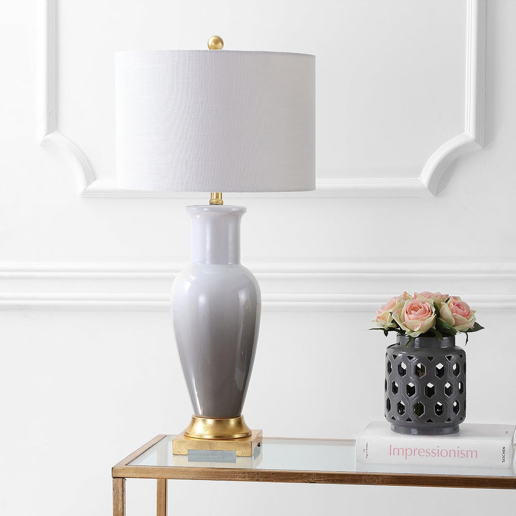 JONATHAN Y 31.5' White/Gray Dip Dye Ceramic Table Lamp for Living Room, Large Bedside Lamp for Bedroom with White Linen Drum Shade, Traditional End Table Light, LED Bulb (JYL3017B)